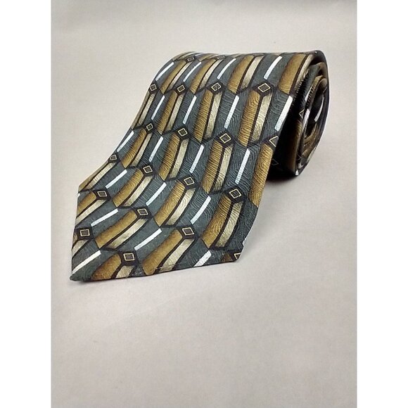 LOUIS ROTH Hand Sewn Tie USA Made Green Gray Geometric Silk Italian Retro - Picture 1 of 8